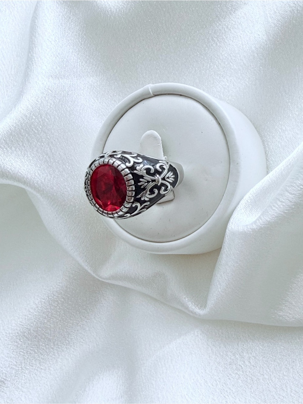 Red Gemstone Sterling-Style Filigree Statement Ring-Size 11